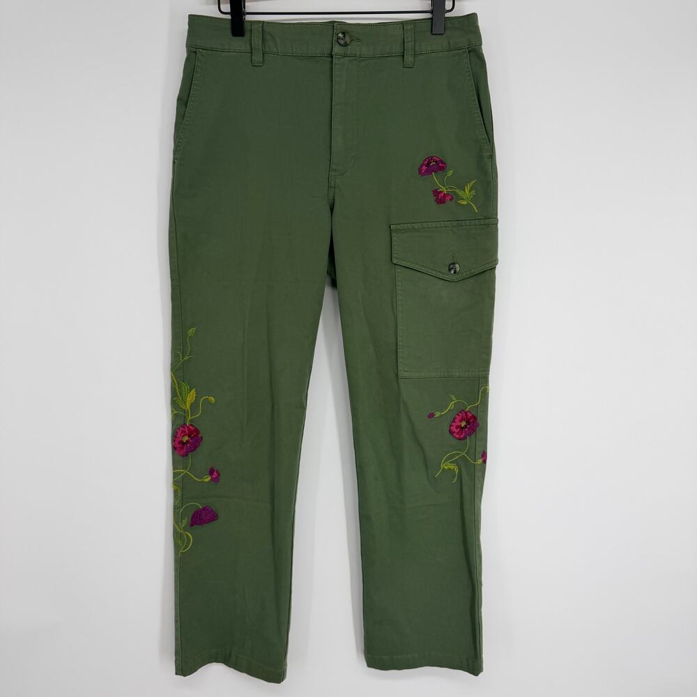 Sundance Melissa Embroidered Floral Cargo Cropped Pants Olive Green Womens 6